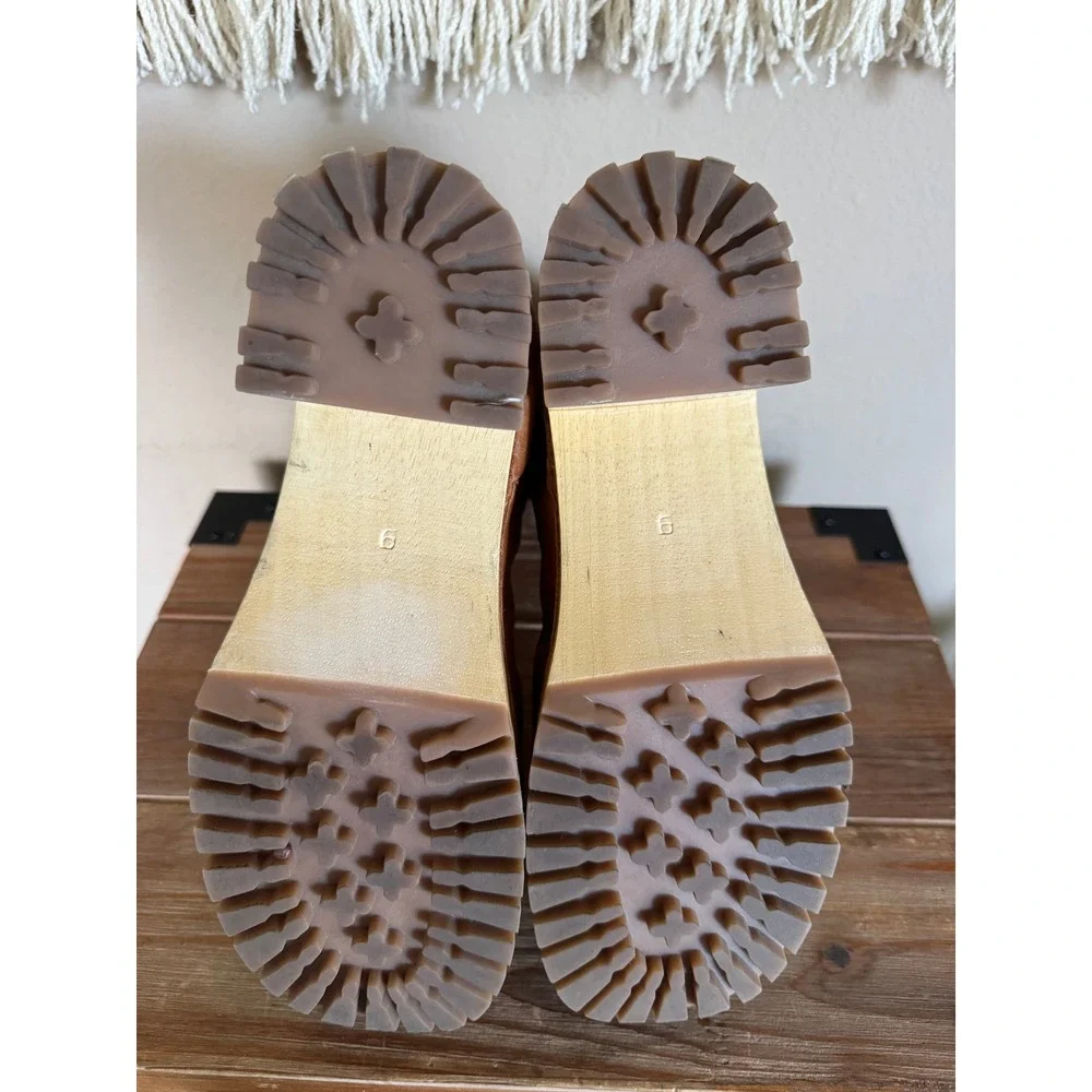 Free People MIA Justina Tan Leather Platform Block Heel Lug Sole Clog Boots Sz 9